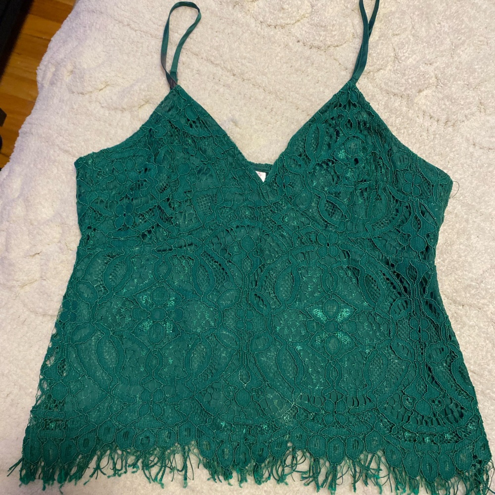 Chic Teal Lace Halter Top with Fringe L